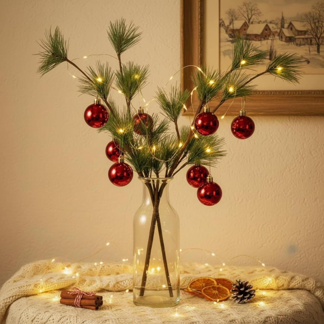 Norme 2 Pcs 24in Light up Artificial Pine Branches with Red Christmas Ball Set Christmas Greenery Pines Branches Stems for DIY Flower Arrangement Xmas Outdoor Home Decor Gifts for Lover and Friends