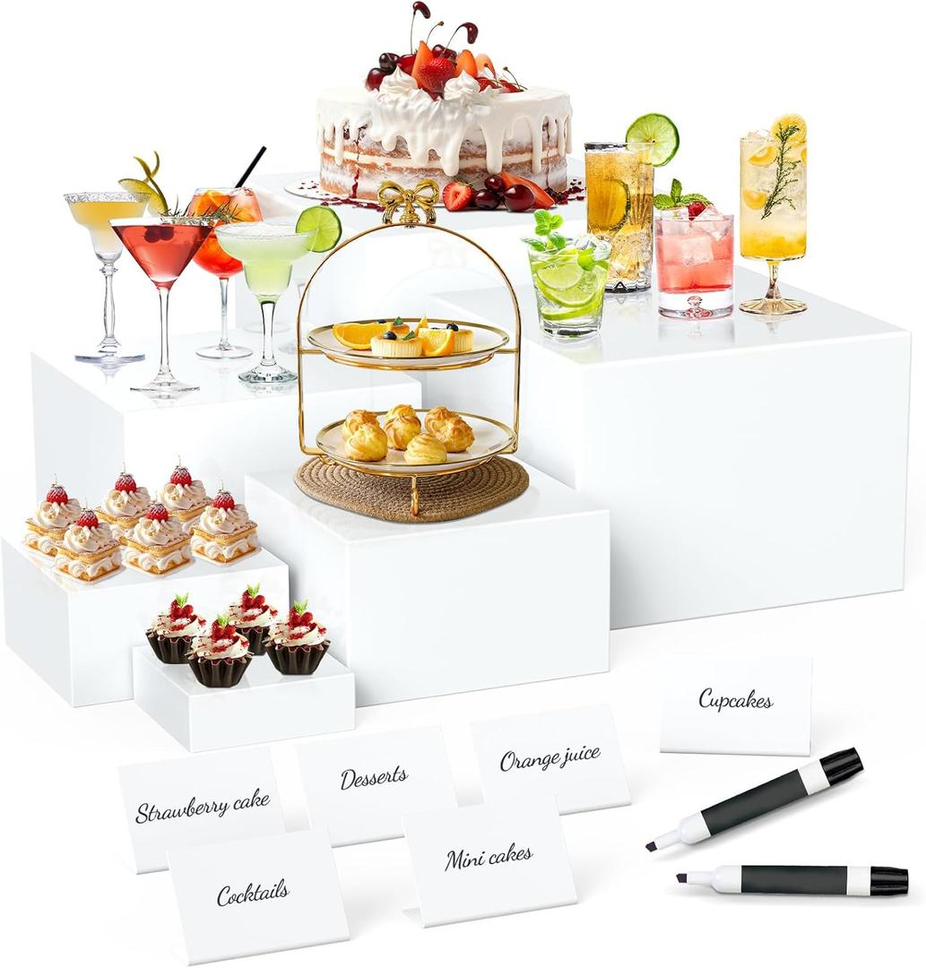 6 Pcs Buffet Risers with Mini Sign and Maker, Food Risers Display Stands for Buffet Table Party Catering Dessert Jewelry Collectibles, Nesting Cube Boxes with Hollow Bottoms (8",7",6",5",4",3") (White)