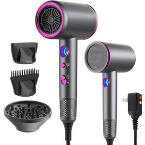 Fast-Drying Ionic Hair Dryer,1875 Watt High-Speed Ionic Blow Dryer with Diffuser/Concentrator/Comb Nozzle,LED Temp Display,Intelligent Temp Control,Low Noise for Home Salon Travel (Silvery)