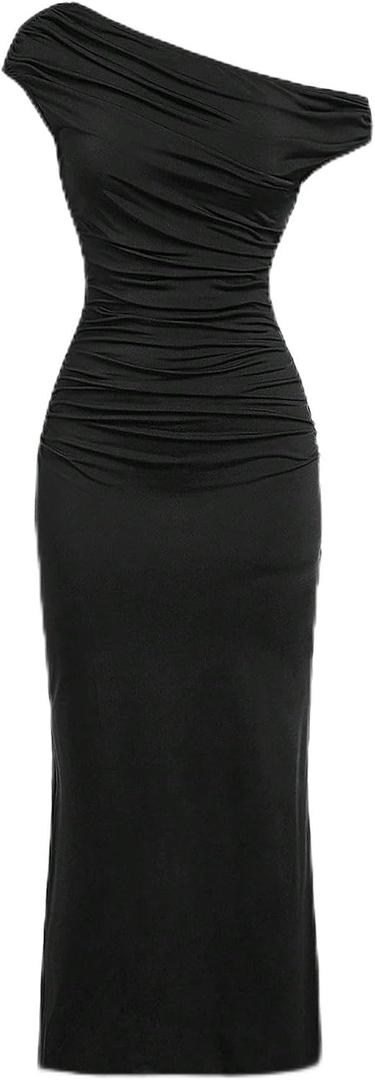Girl's Off The Shoulder Ruched Maxi Dress Asymmetrical Short Sleeve Split Bodycon Dresses Long for 8-12Y