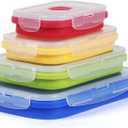 4 Collapsible Silicone Food Storage Containers, Kitchen Stackable Leftover Bento Lunch Meal Box with Plastic Airtight Lids, Leak-proof Camping Food Storage, Microwave Dishwasher Freezer Safe