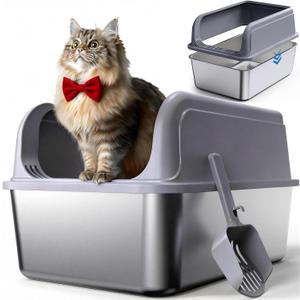 Powools Stainless Steel Cat Litter Box, Metal Litter Box with Scoop, High- Sided, Anti-Leakage Top Entry, Non-Sticky, Easy to Clean, Grey, M (1 Pack)