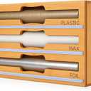 3 in 1 Wrap Organizer with Cutter and Labels, Plastic Wrap, Aluminum Foil and Wax Bamboo Dispenser for Kitchen Storage Organization Holder for 12" Roll (Natural)