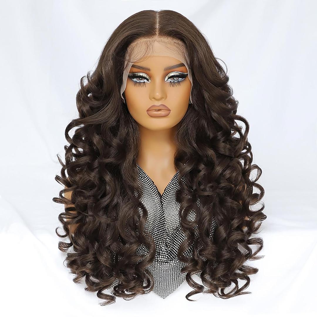 Felek Chocolate Brown Lace Front Wig Synthetic 13x6 Loose Wave HD Transparent Lace Frontal Wigs Pre Plucked Wear and Go Glueless Wigs for Black and White Women 24 inch Long Curly Wig