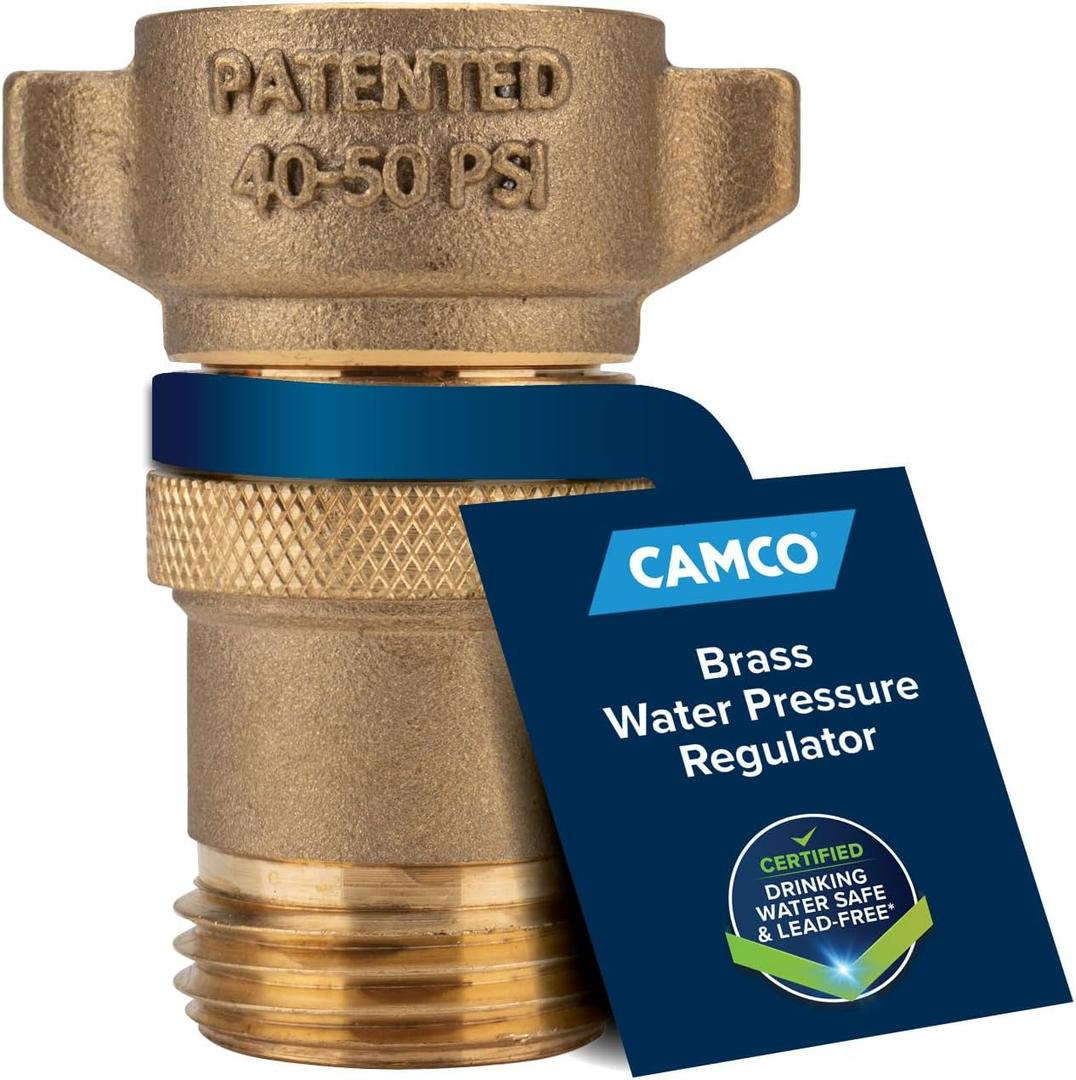 Camco Brass Marine/RV Water Pressure Regulator  Protects RV Kitchen Small Appliances, Plumbing & Hoses  Reduces RV Water Pressure to Safe & Consistent 40-50 PSI  Drinking Water Safe (40055) (No Size)