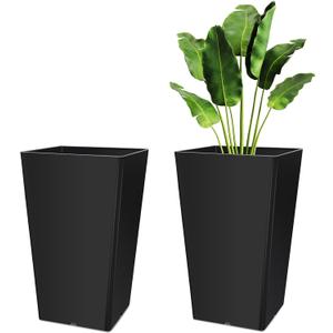 Briwooody Set of 2 15.75 Inch Large Taper Planters Outdoor Indoor Tall Resin Flower Pots with Drainage Holes Modern for Front Door Patio Backyard Plants(Black), 16 Inch