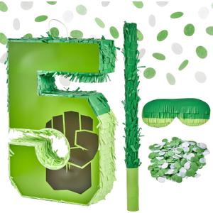 Green Superhero Birthday Pinata for Kids, 16 Inch Number 5 Piata with Stick, Blindfold and Confetti for Boys and Girls (hlk-5th)