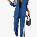 CHICME Womens Two Piece Outfits Striped Side Button Blazer and Pants with Pockets Sets Business Casual Pant Suits Set L, Dark Blue
