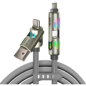 240w 4-in-1 USB C Cable,Charger Cable with Breathing Light, PD 5A Multi Fast Charging & Data Sync Silicone Compatible for iPhone Samsung Laptop Multi Device Charging,4FT (Gery) (Gray)
