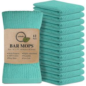 Softolle Bar Mop Towels, Pack of 12-16x19 Inches - 100% Cotton Super Absorbent Towels, Multi-Purpose for Home and Bar Cleaning (Aqua)
