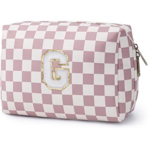 Narwey Birthday Gifts for Teen Girls Kids Women Personalized Initial Checkered Makeup Bag Pink Monogram Cosmetic Bag Trendy Stuff 6 8 10 11 12 13 14 16 18 Years Old Travel Toiletry Bag (Dusty Rose G)