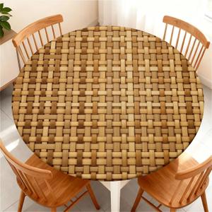 Round Fitted Tablecloth with Elastic Edge, Waterproof Stain Resistant Fabric Table Cover for 53"-60" Round Table, Indoor Outdoor Dining, Kitchen Decor, Camping, Party, Holiday, Woven Rattan