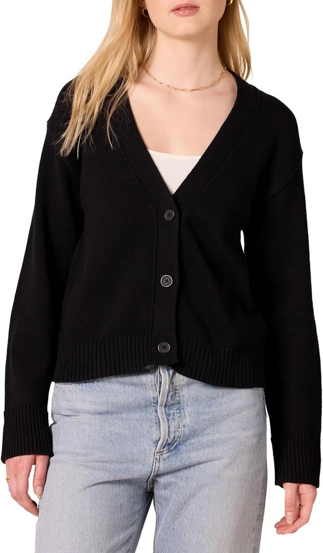 Amazon Essentials Women's Relaxed Fit V-Neck Cropped Cardigan, Black, Small