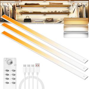 204 LED Under Cabinet Lights Wireless with Full Lighting,Rechargeable Closet Lights with Remote and Motion Sensor Indoor,Under Counter Light with CCT and Dimmable for Kitchen,Stair(3 Pack,23.6inch) (Silver)