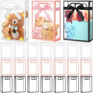 Dunzoom 20 Pcs Clear Plastic Gift Bag with Die Cut Handle Reusable PP Favor Bag for Wedding Bridal Birthday Baby Shower Graduation Mother's Day Party Supplies(10.2 x 7.1 x 3.2'',Black Pink White Trim)
