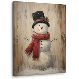 WODMIS Vintage Christmas Snowman Wall Decorations Framed Canvas Art, Rustic Cottagecore Winter Xmas Snowman Decor Canvas Home Decorations for Home Bedroom Living Room Wall Decor 11x14