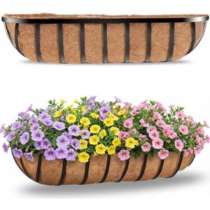 HFHOME 30" Deck Railing Planter Box with Horse Trough Coco Liners, Black Window Box Metal Hanging Flower Planters Baskets for Indoor, Outdoor, Balcony, Porch, Fence, Patio, and Lawn (Set of 2), 30 inches-2P