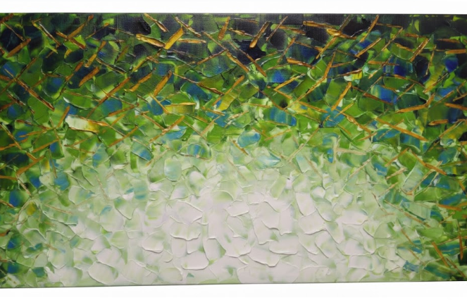 MLART99 Abstract Leaf Wall Art Modern Ginkgo Canvas Hand-drawn Painting 24x48 Green and White Large Artwork Minimalist Decoration for Living Room Bedroom Office Home