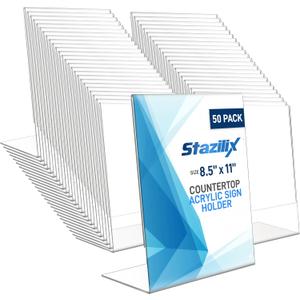 50 Pack Acrylic Sign Holder 8.5x11, Standing L-Shape Vertical Menu Holder Stand, Flyer Display Stand, Table Paper Holder, Plastic Sign Display Stand for Restaurants, Store, Office