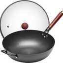 WANGYUANJI Iron Wok,13.4" Chinese Craft Wok with Lid Flat Bottom Stir Fry Pan,Chemical-free Wok Pan for All Stoves,Wrought Iron Wok Pure Iron Cookware