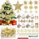 76PCS Christmas Tree Decorations Set, Gold Christmas Ornaments Decoration Artificial Poinsettia Flowers with Star Tree Topper Berries Stems Mesh Ribbons Snowflakes for Holiday Xmas Tree Decor