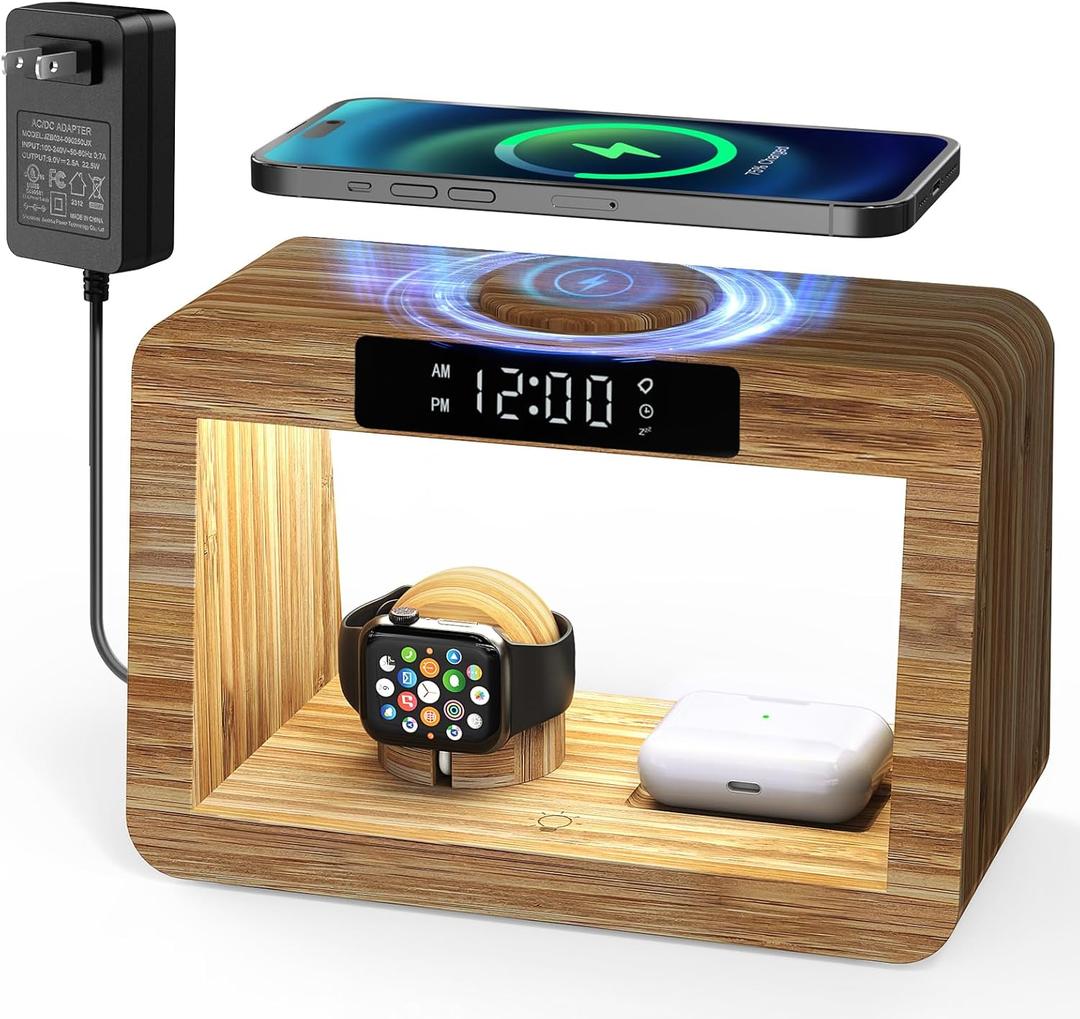 Bamboo Wireless Charging Station,Wireless Charger with Digital Alarm Clock and Night Light, Fast Charger Stand for iPhone 15/14/13/12/11 Pro Max/X/Xs, AirPods Pro, iWatch Series 8/7/6/5/SE (Wireless Charging Station With Light & Alarm Clock)