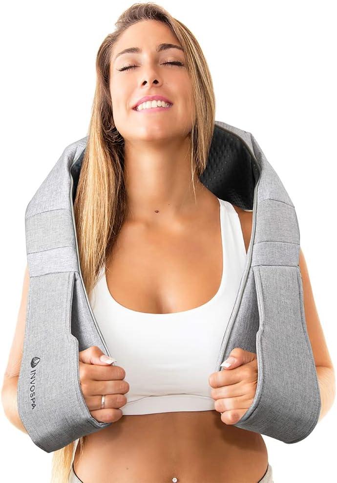 InvoSpa Shiatsu Back and Neck Massager with Heat - Deep Tissue Kneading Pillow Massage - Full Body Massager for Shoulders, Neck and Back (White)