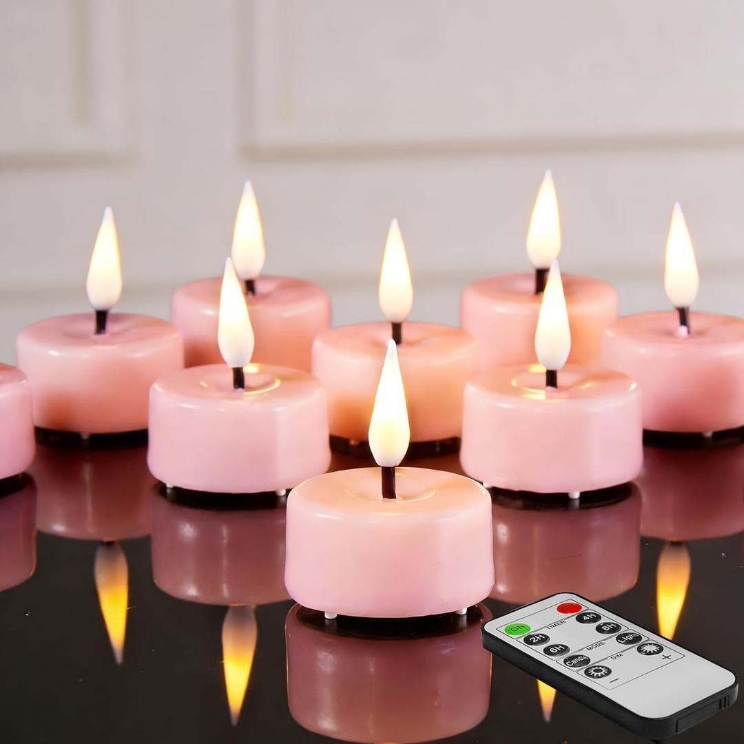 Eywamage Pink Flameless Wax Tealights with Remote Batteries, Flickering LED Tea Votive Candles Spring Easter Home Decor Set of 10