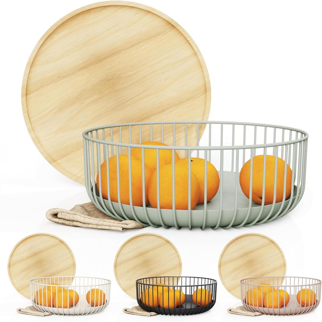 Libken Fruit Basket with Wooden Bamboo Lid- Fruit Bowl For Kitchen Counter - Countertop Bin for Produce Fruits, Potato and Veggie - Metal Wire Baskets For Organizing - 11.4"x11.4"x4.5" - Green