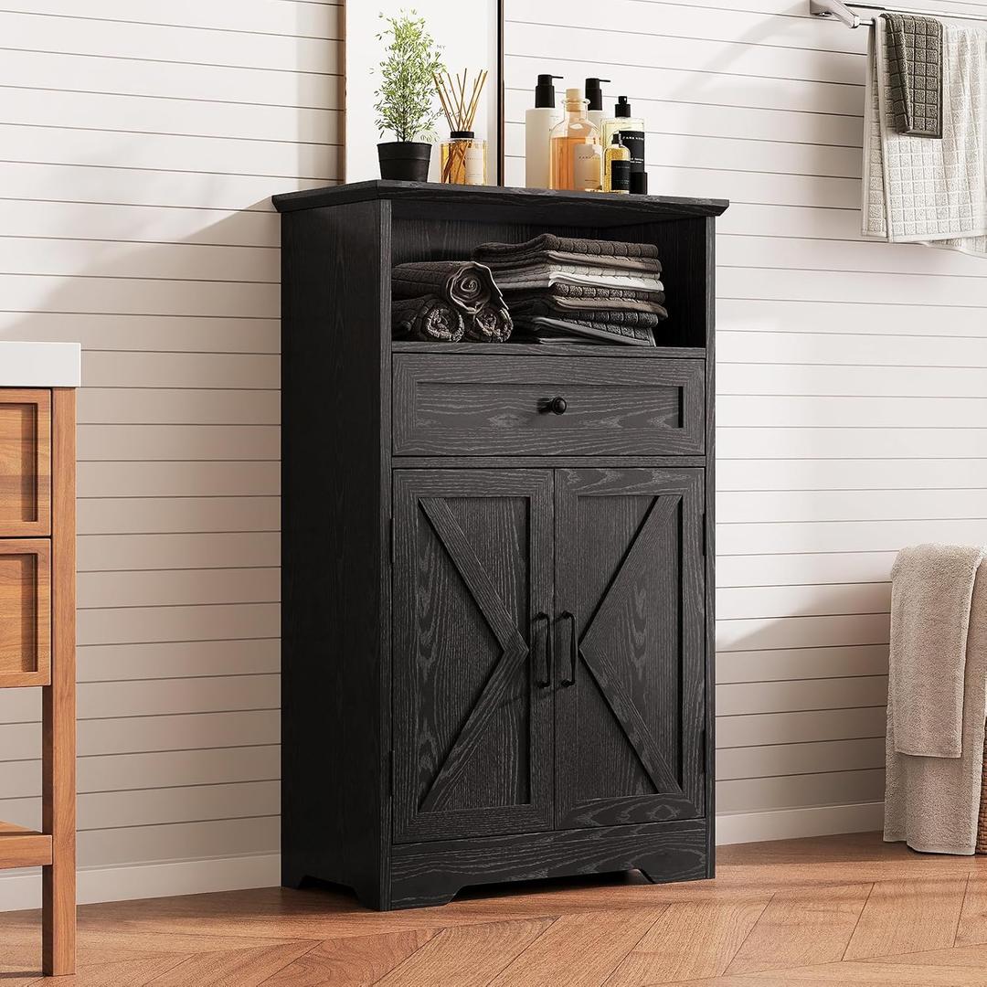 Floor Cabinet, Farmhouse Storage Cabinet with Barn Doors and Drawer, 11.81" D x 23.62" W x 39.37" H Black Freestanding Adjustable Shelf Organizer for Bathroom, Kitchen, Living Room