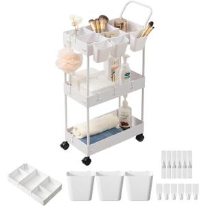 danpinera Slim Storage Cart, 3 Tier Slim Laundry Cart with Wheels Bathroom Cart Organizer with Hanging Cups Hooks Dividers Handle Mobile Rolling Art Cart for Bathroom Kitchen Narrow Places, White