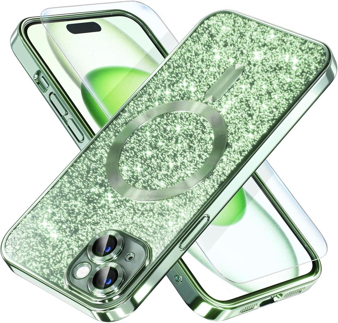 Misea Magnetic for iPhone 15 Plus Case Compatible with MagSafe [Military Grade Drop Protection] Full Camera Lens Protector Plating Glitter Soft Phone Case for Women Girls, Green