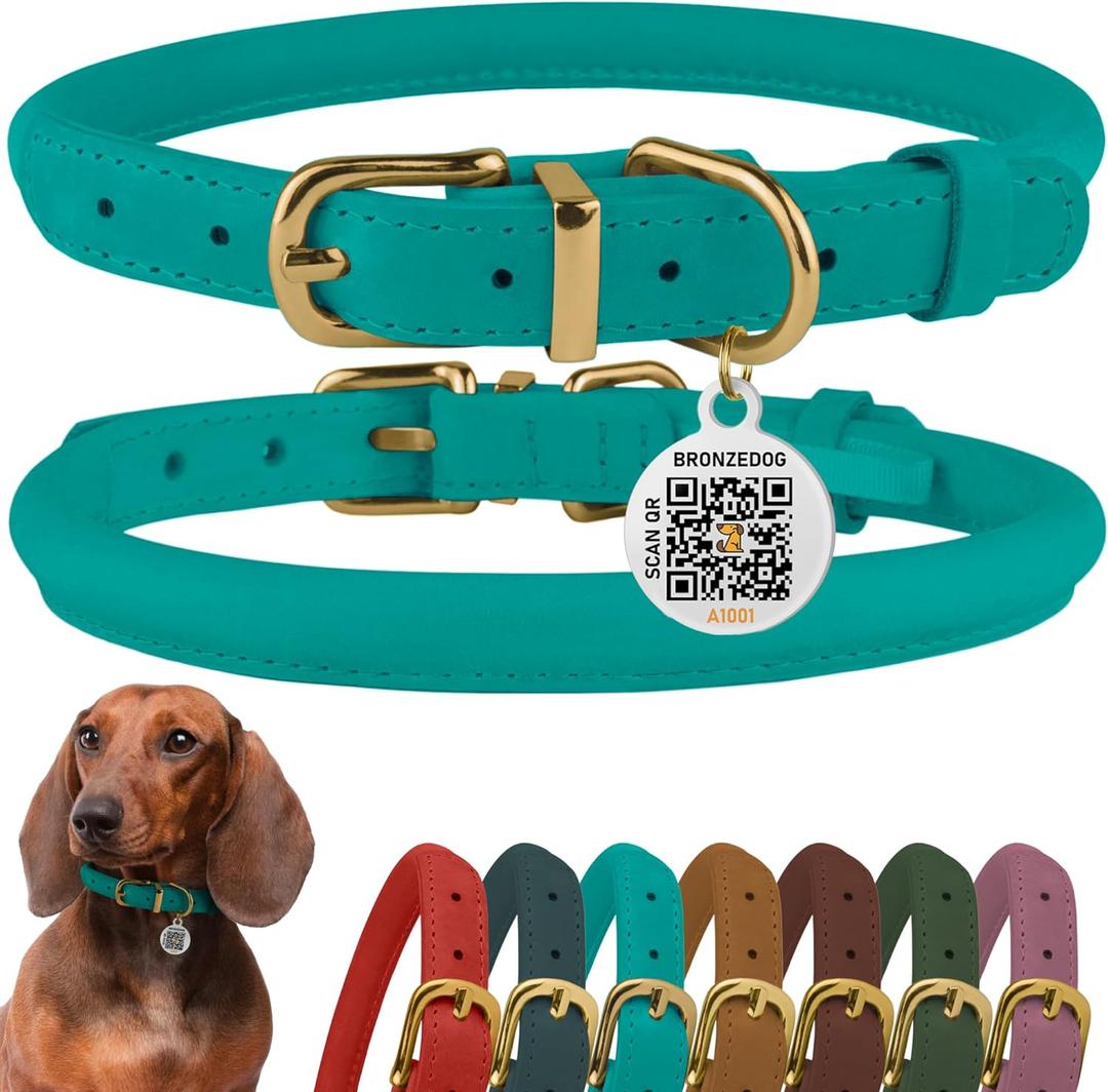 BronzeDog Rolled Leather Dog Collar with QR ID Tag, Adjustable Soft Round Collars for Small Medium Large Dogs Puppy (11" - 14 1/2" Neck Size, Turquoise)