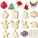 Pseutio 50 PCS Unfinished Wooden Christmas Ornaments DIY Christmas Wooden Slices with 50 Jingle Bells for Crafts Christmas Hanging Decorations (10 Shapes)