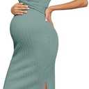 AISWI 2024 Ribbed Knit Maternity Dress Crisscross Self Tie Sleeveless Tank Bodycon Slits Baby Shower Vacation Casual, M (Light Heather Green)