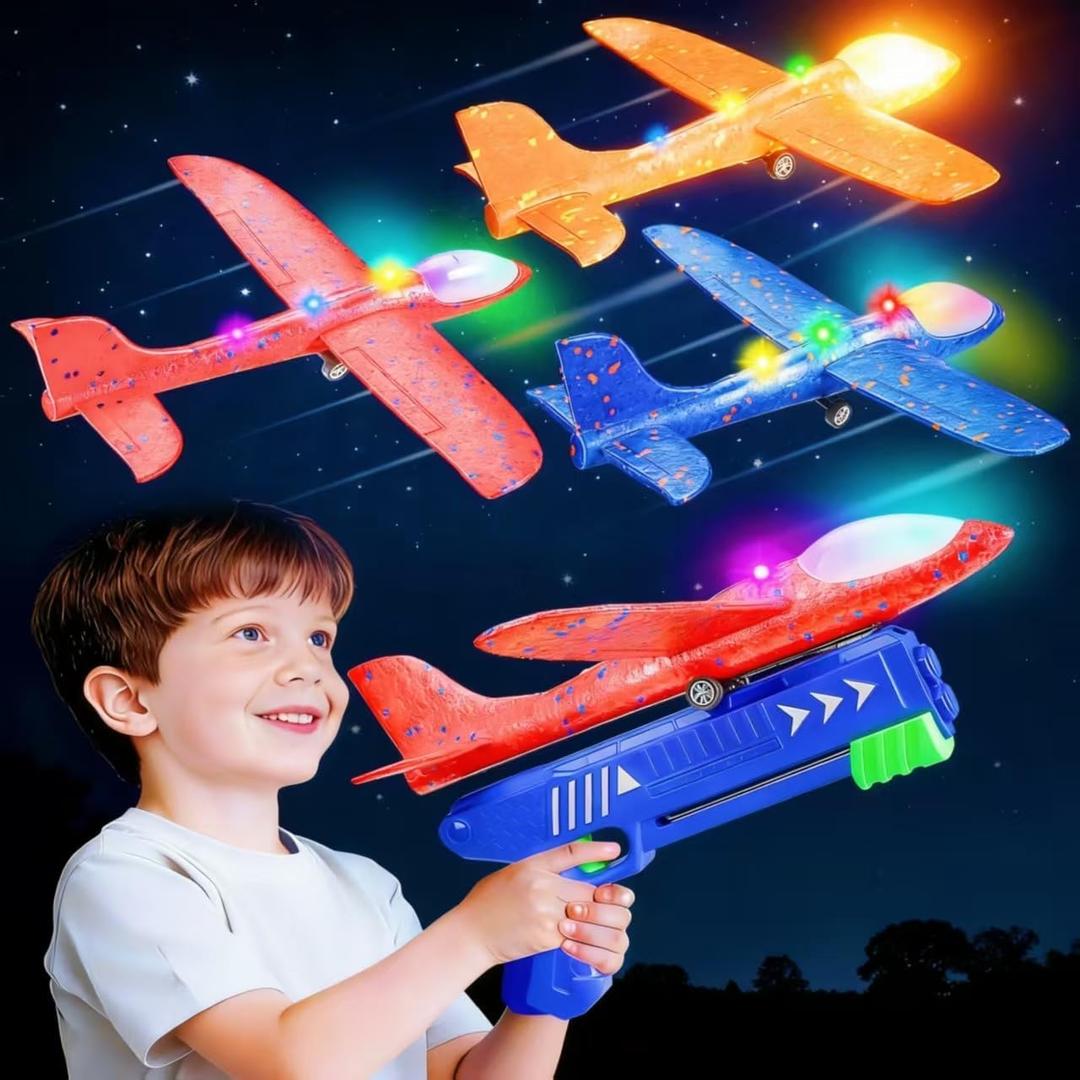 3 Pack Airplane Launcher Toys for 4 5 6 7 8 Year Old Boys Gifts: Airplane Shooter with 3 LED Foam Glider Planes for Kids - Outdoor Flying Toys Boys Birthday Present Gifts Age 4 5 6 7 8 9 (Blue&red&orange)