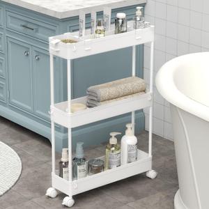SPACELEAD Slim Storage Cart 3 Tier, Bathroom Organizer Rolling Utility, Mobile Shelving Unit Slide Out for Office, Kitchen, Laundry Room & Narrow Places, White