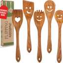 MFC 5-Piece Wooden Cooking Spoons - Kitchen Set from Natural Cherry Wood - Wooden Spoons for Cooking - Funny Utensil Set with Smiley Faces - Cooking Multipurpose Wood Utensils