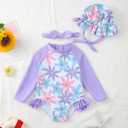 Renotemy Baby Girls Swimsuit Summer Infant Girl Bathing Suit Zipper Long Sleeve One-Piece Rash Guard Swimwear with Hat 3M-3Y