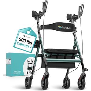 Helavo Extra Wide 28.3" Bariatric Upright Walker for Seniors, 500 lbs Capacity with 8 Flat-Free Solid Rubber Tires, Height Adjustable Stand Up Walker with Seat, All Terrain Heavy Duty Rollator