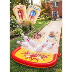 Sloosh 20FT Lawn Water Slide Bowling Game Set,Water Slides and 2 Bodyboards Summer Slip Waterslide Toy with Build in Sprinkler for Backyard Outdoor Fun for Kids