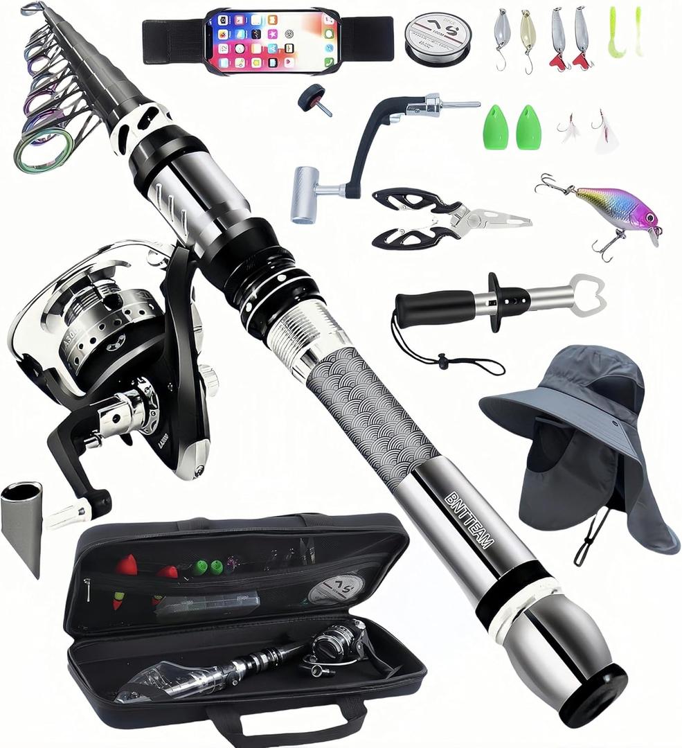 BNTTEAM Portable Fishing Spinning Rod and Reel Combo Set Carbon Fiber Fluorescent Rod Tip, with Fishing Lures Line Carrier Bag Kits for Travel Surf (Sliver-1, 2.0M/ 82.6in/ 6.88ft)