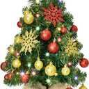 HOYECHI 24" Mini Christmas Tree - Small Tabletop Artificial Xmas Tree with Lights, Star Treetop, Ornaments Balls, DIY Decorations - Green & Gold
