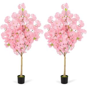 2 Pack 4Ft Tall Cherry Blossom Artificial Tree, Faux Sakura with Realistic Pink Silk Flowers and Plastic Pot for Living Room Bedroom Home House Entryway Office Indoor & Outdoor Plant Decoration