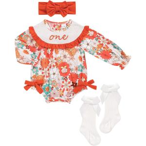 GRNSHTS Baby Girl 1st Birthday Outfits One Year Old Printed Romper Embroidery Bodysuit Cake Smash Clothes (12-18 Months, Orange)