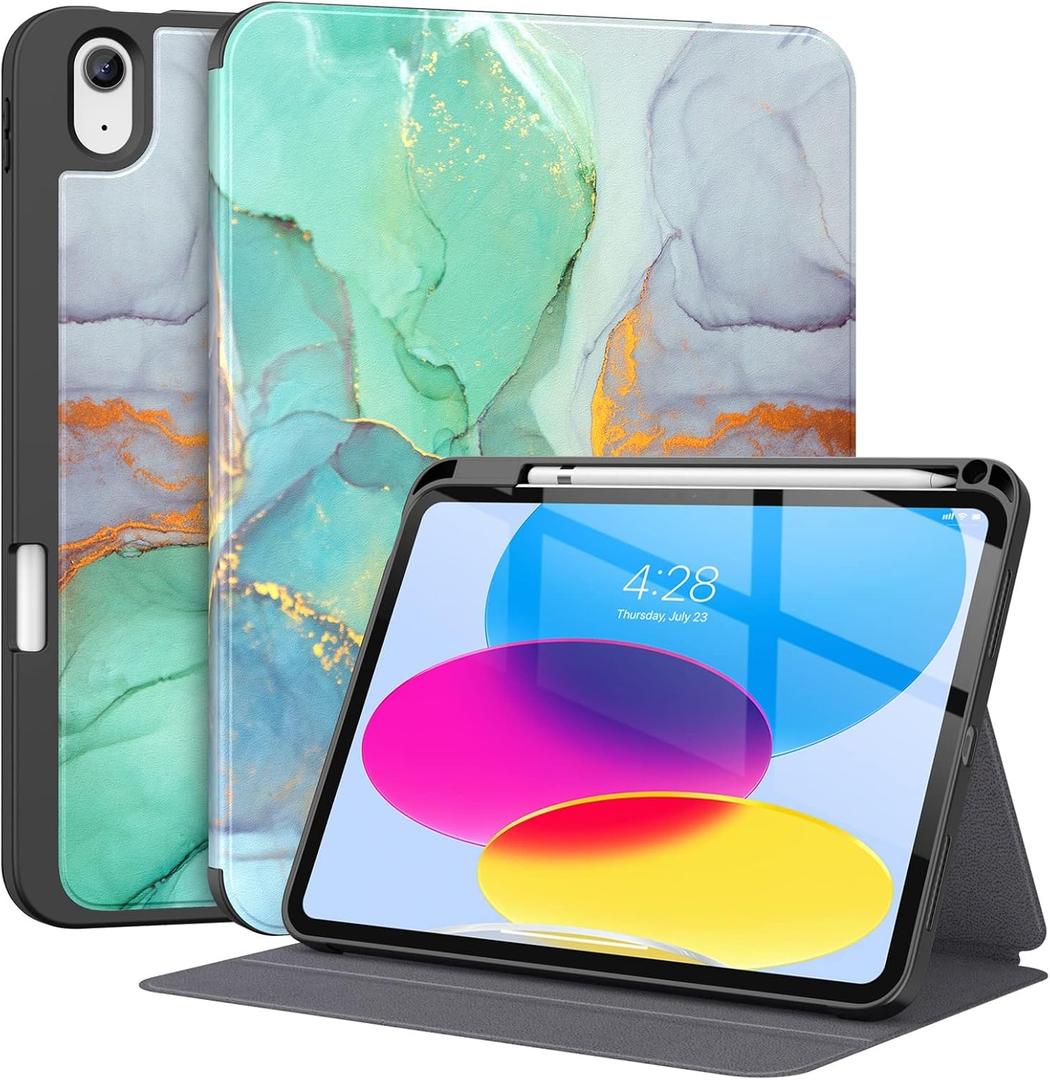 Supveco Case for iPad (A16) 11th Generation 11 inch (2025),iPad 10th Generation 10.9 inch (2022) with Pencil Holder-[Auto Wake/Sleep],Premium Folio Stand Case with Soft TPU Back Cover-Green Marble