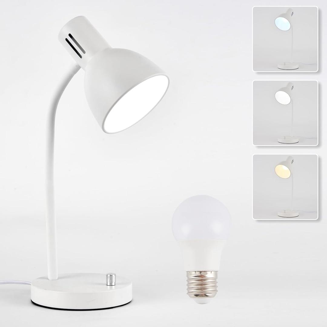 Metal Small White Desk Lamp,Adjustable Goose Neck Desk Lamps for Home Office Study Room Desks Bedroom Bedside Table Lamp with Free 7W LED Bulb,Eye-Caring Reading Lamps