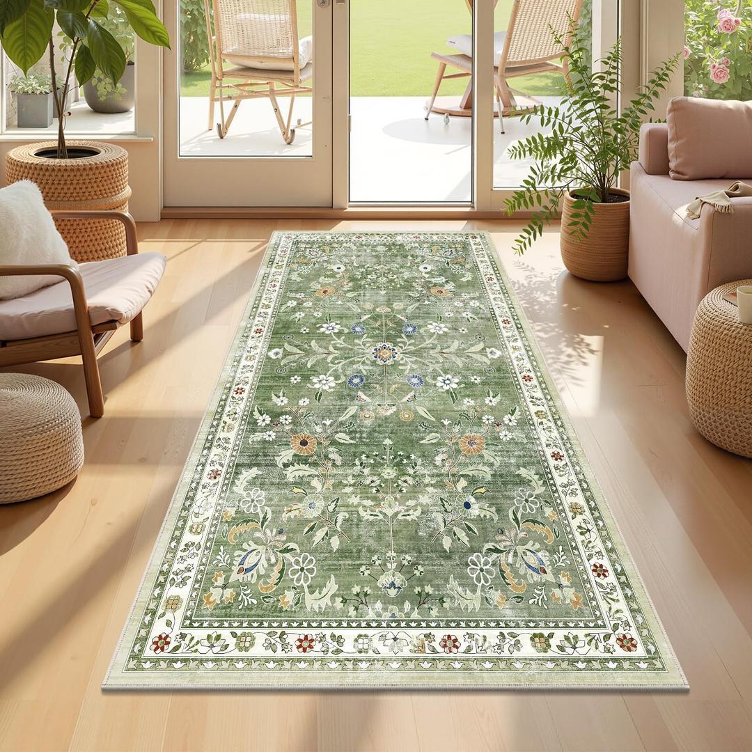 Yamaziot 2x4 Washable Hallway Runner Rug Non Slip Floral Carpet, Sage Green
