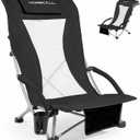 Low Beach Chairs for Adults with High Back, Support 400LBS | Portable Beach Chair with 3-Position Adjustable Upper Backrest, Neck Support & Cup Holder for Beach, Caming, Black