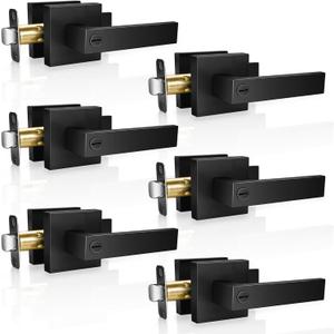 Privacy Door Levers, 6 Pack Matte Black Door Handles, Keyless Interior Door Knobs with Lock for Bedroom Bathroom, Heavy Duty Square Door Lock, Reversible for Left-Right Handled Doors